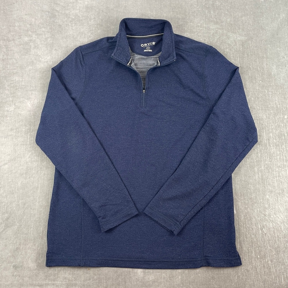 Orvis Mens M Navy Blue Quarter-Zip Pullover Heathered Stretch Mock Neck Sweater